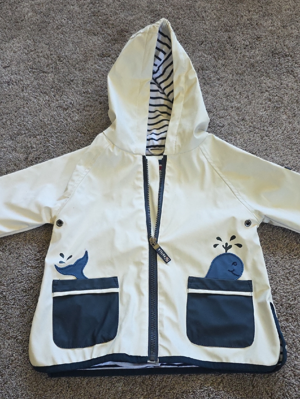 Batela Cream Hooded Raincoat with Navy Whale Pockets 24M